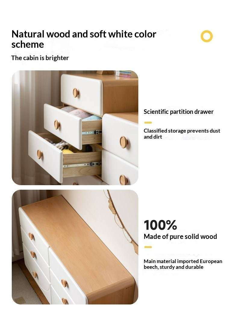 Beech Solid Wood, Solid RubberWood Kids Dresser with Cream Curved Drawers and Wooden Knobs
