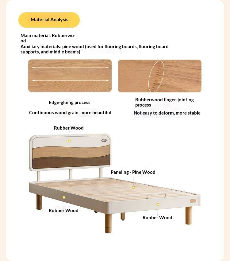 Rubberwood Solid Wood Kids Montessori Platform Bed with Adjustable Headboard, Warm White