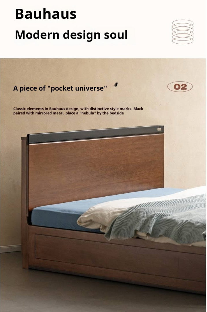 Golden Rosewood Solid Wood Bauhaus Storage Bed with Full Lift-Up Storage Box and Color-Block Headboard