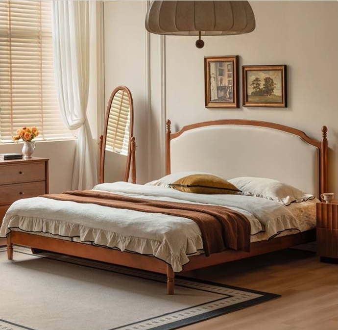 Poplar Solid Wood Bed – French Retro Design with Soft Fabric Upholstery