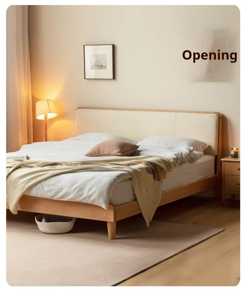 European Beech Solid Wood Bed — Soft Headboard, Simple Upholstered Light Luxury Bed