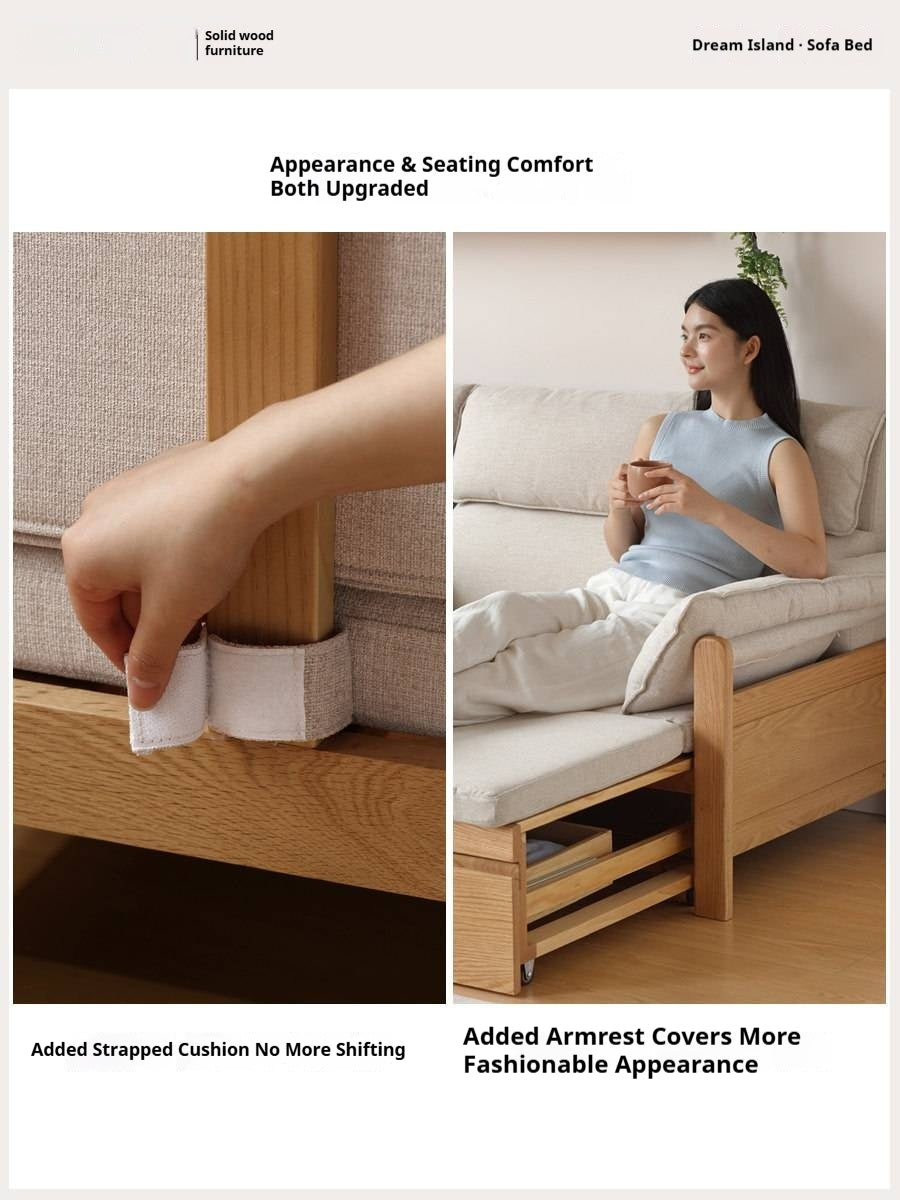 Oak Solid Wood Sofa Bed with Under-Seat Storage Drawers