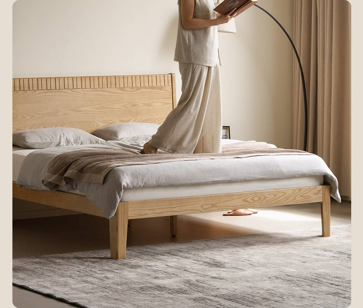 Ash Solid Wood Modern Minimalist Bed with Grooved Headboard and High Under-Bed Clearance