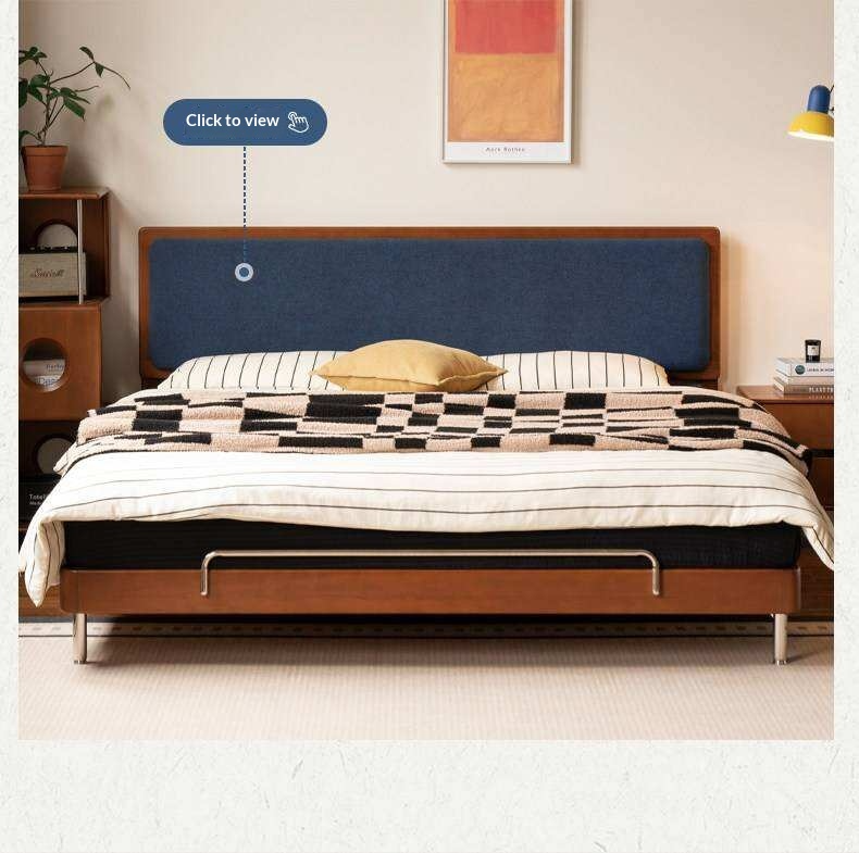 Cherry Solid Wood Bed with Modern Minimalist Design and Genuine Leather Headboard