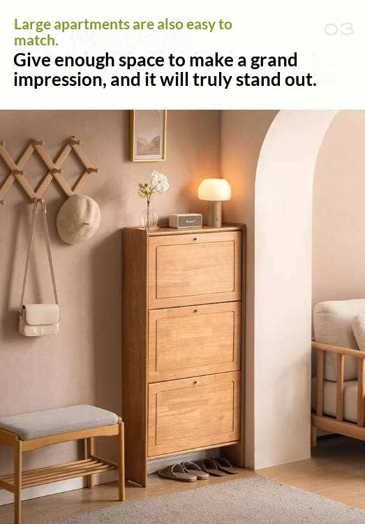 Oak Solid Wood Flip-Front Shoe Cabinet with Compact Vertical Design