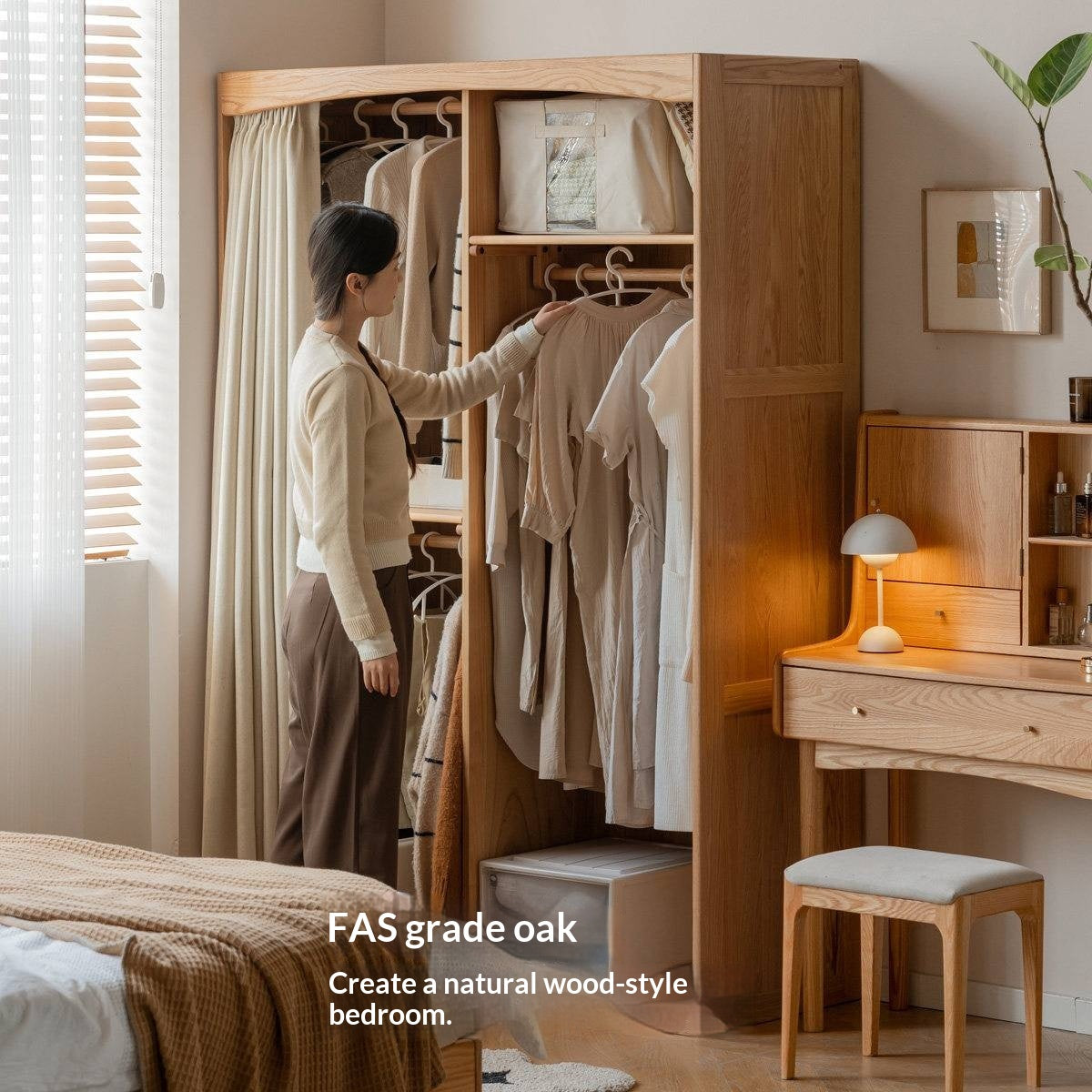 Solid RubberWood Wardrobe with curtains Design