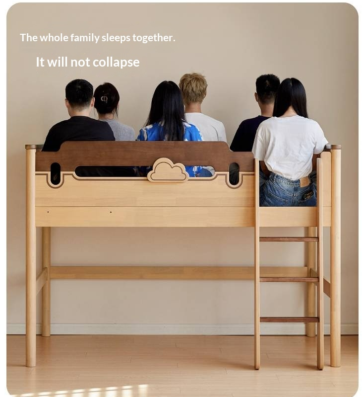 Rubberwood Solid Wood Children's Loft Bed with Under-Bed Cabinets