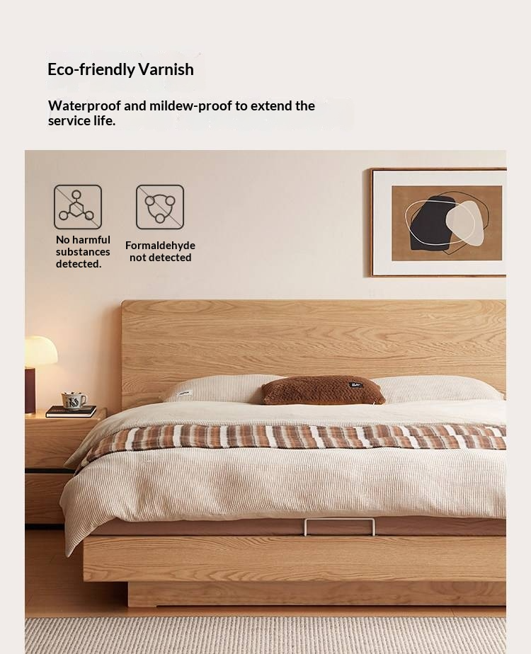 Oak Solid Wood Bed — Modern Minimalist Slab Box Design