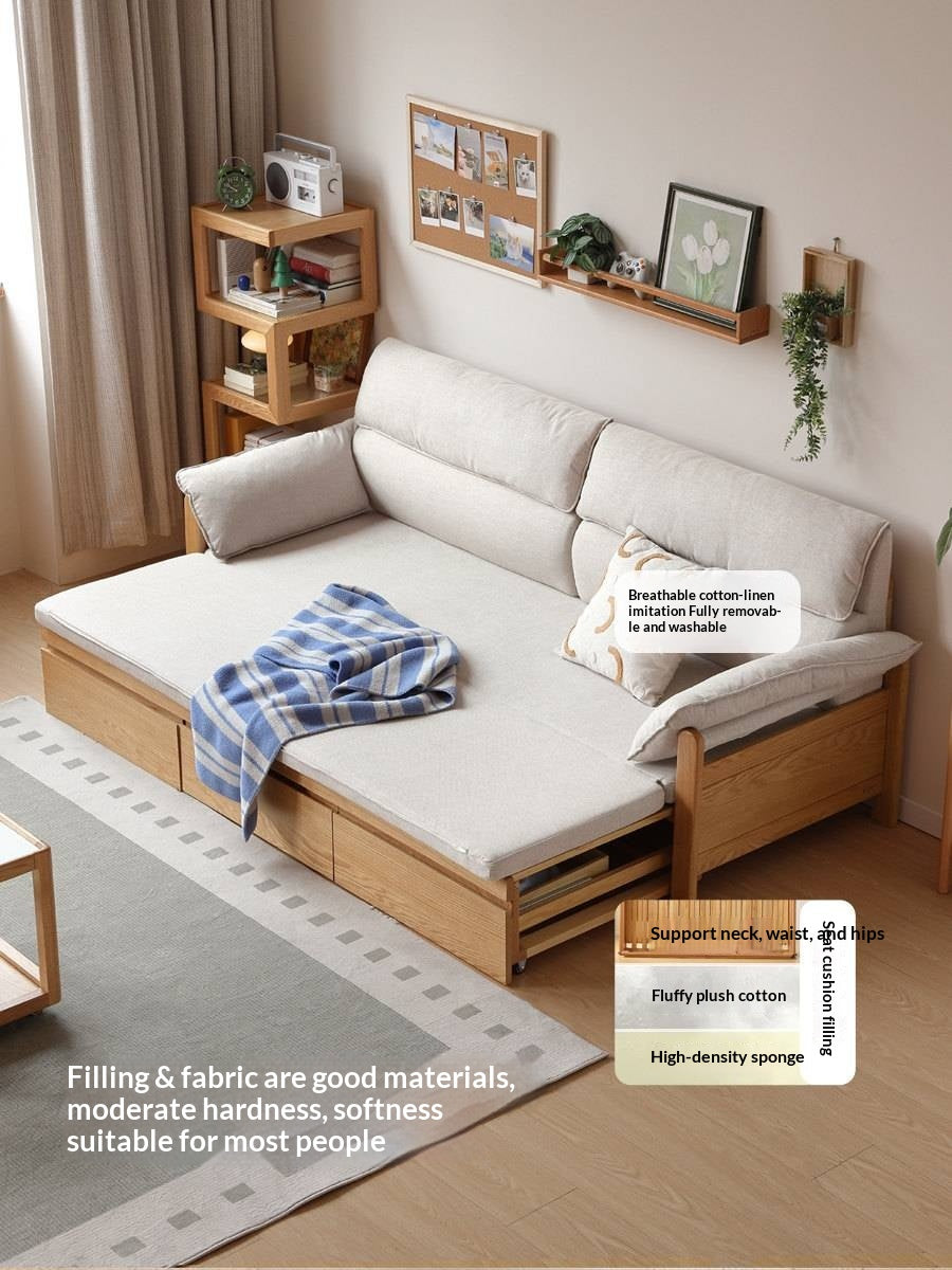Oak Solid Wood Sofa Bed with Under-Seat Storage Drawers