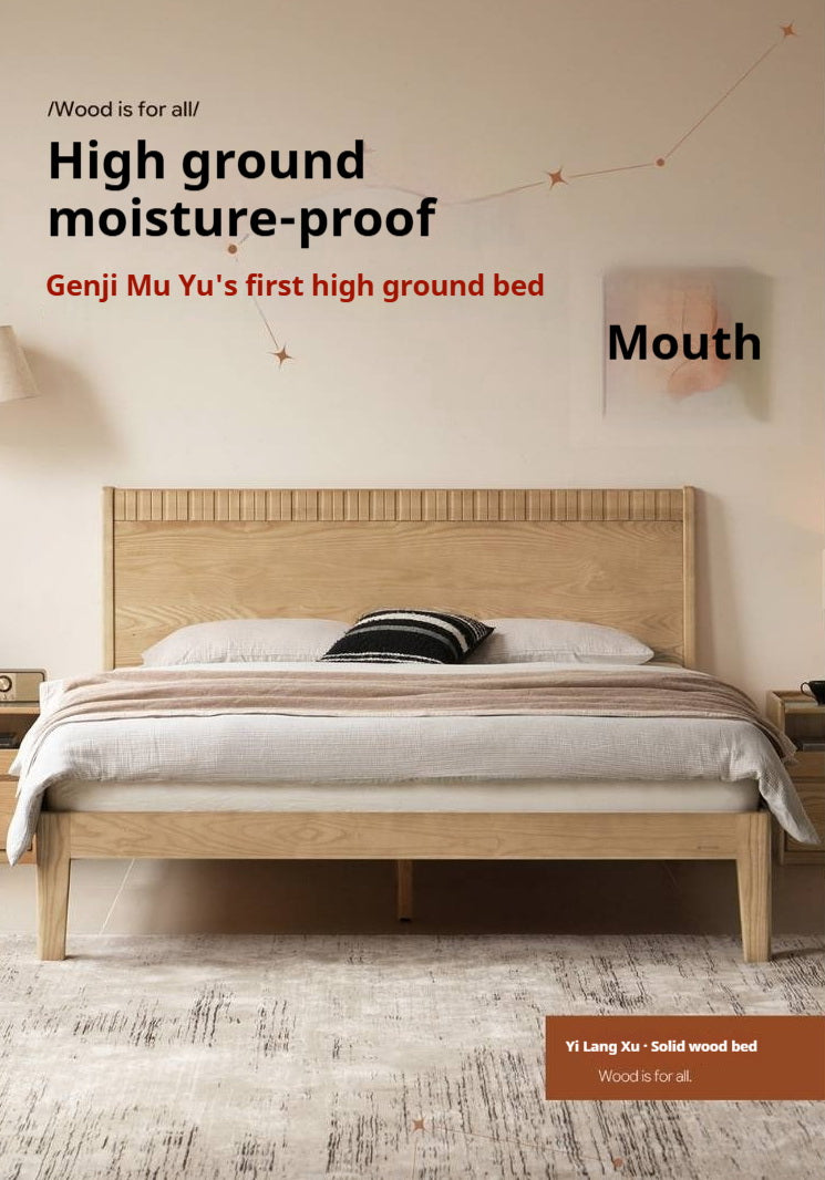 Ash Solid Wood Modern Minimalist Bed with Grooved Headboard and High Under-Bed Clearance