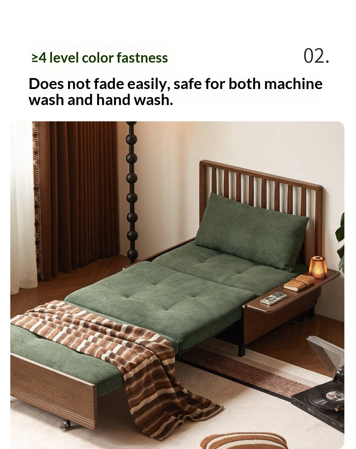 Black Walnut, Oak Solid Wood Sleeper Chair-sofa Bed with Attached Fold-Out Side Tray