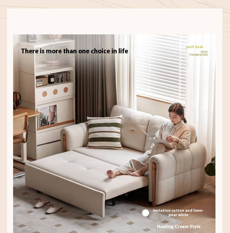 Fabric retractable sofa bed white cream style dual-purpose