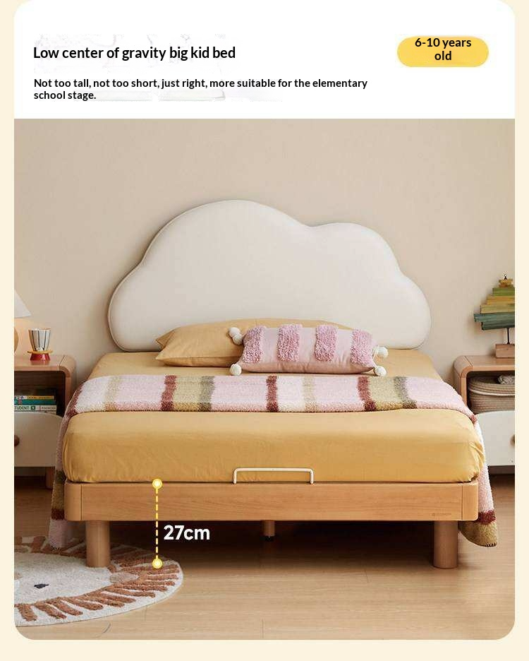 Beech Solid Wood Upholstered Kids Bed with Cloud-Shaped Headboard