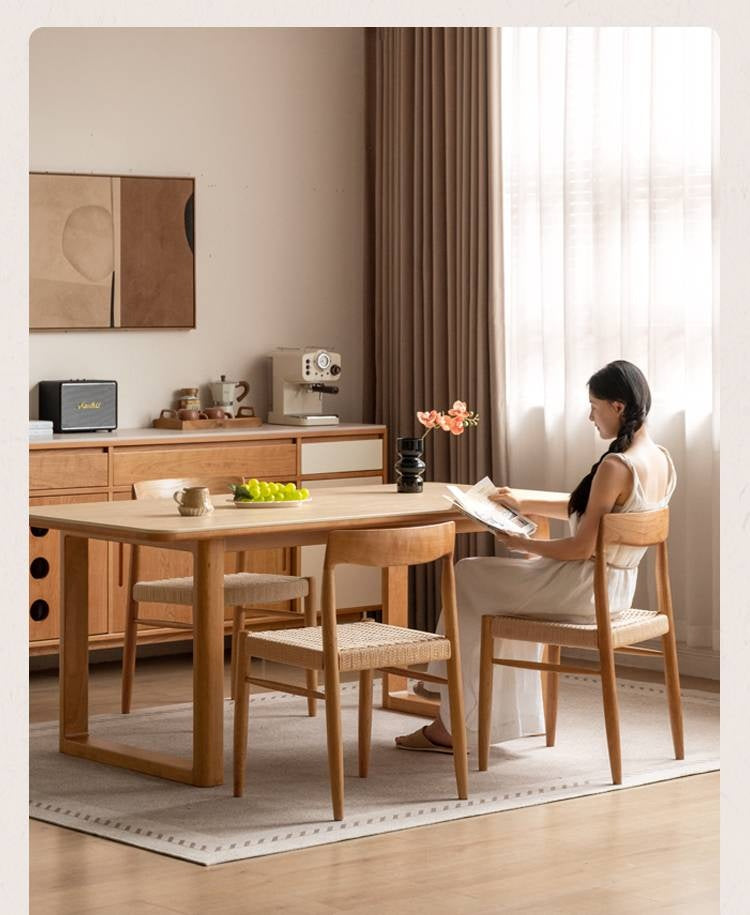 4 pcs -Cherry Solid Wood Dining Chair with Woven Cord Seat, Scandinavian Modern