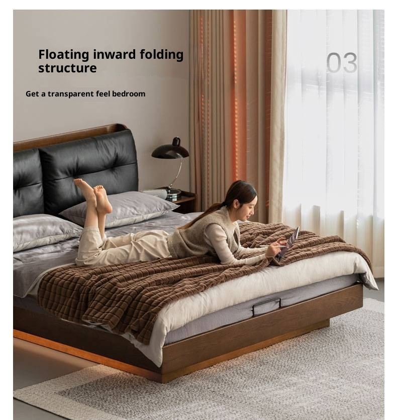 Oak Solid Wood Luxury Genuine Leather Box Bed