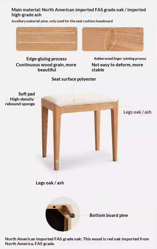 Ash, Oak Solid Wood, Solid RubberWood Makeup Stool