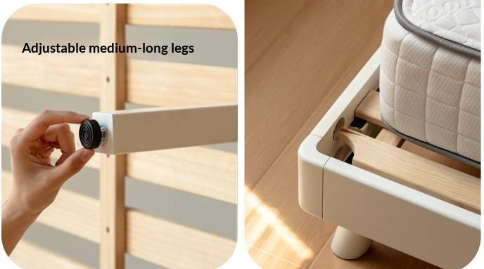 Oak, Rubberwood Solid Bed with Cream Finish — Casual Bedside with Soft Bag Backrest and White Soft Back