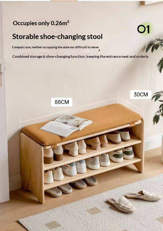 Pine Solid Wood Shoe Bench Multi-layer Log Shoe Rack
