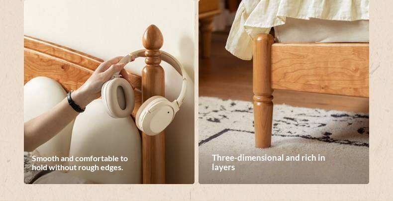 Cherry Solid Wood Genuine Leather, Velvet French-Inspired Scalloped Headboard Bed