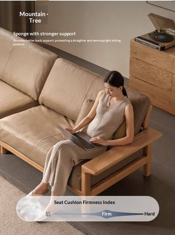 Oak, Ash Solid Wood Wabi Sabi Style Genuine Leather Sofa, fabric sofa