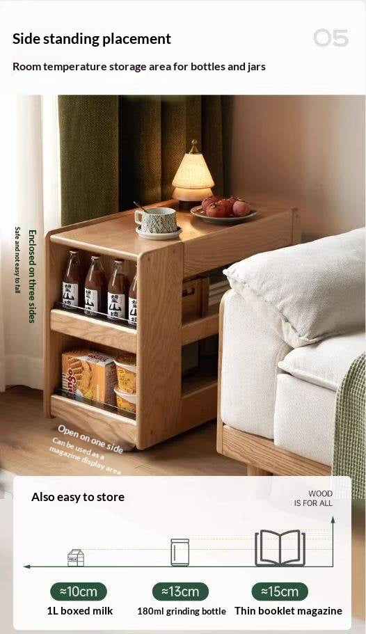 Oak Solid Wood Side Table with Mobile Trolley and Storage Functionality