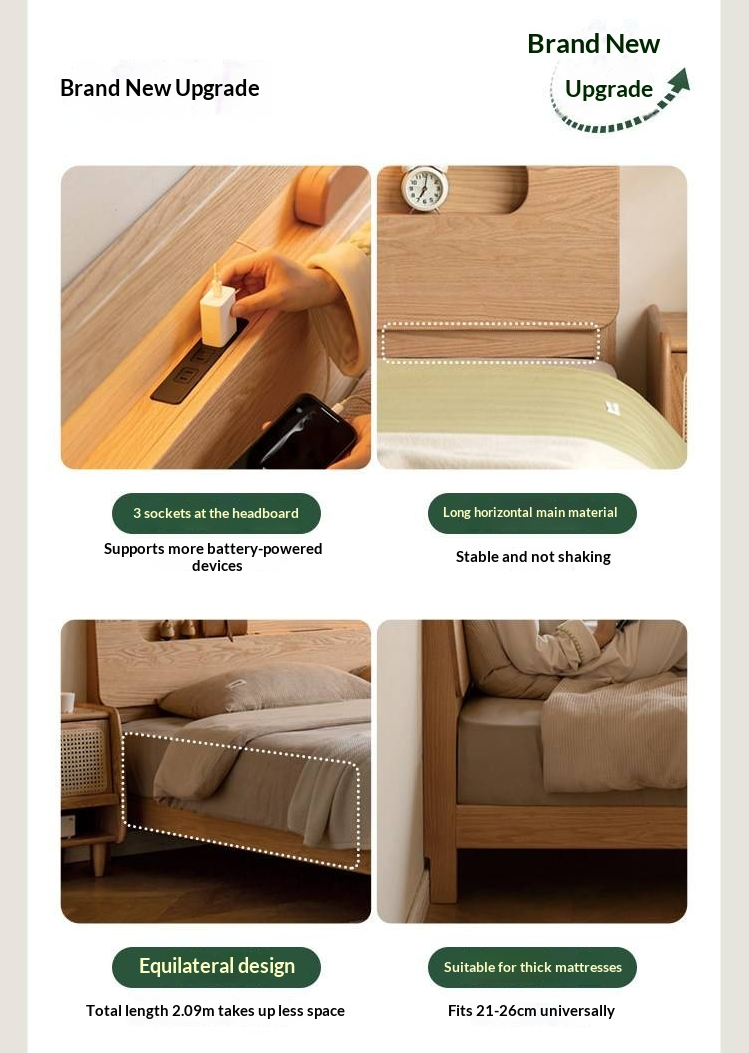Oak Solid Wood Bed — Nordic Style with Socket and Storage