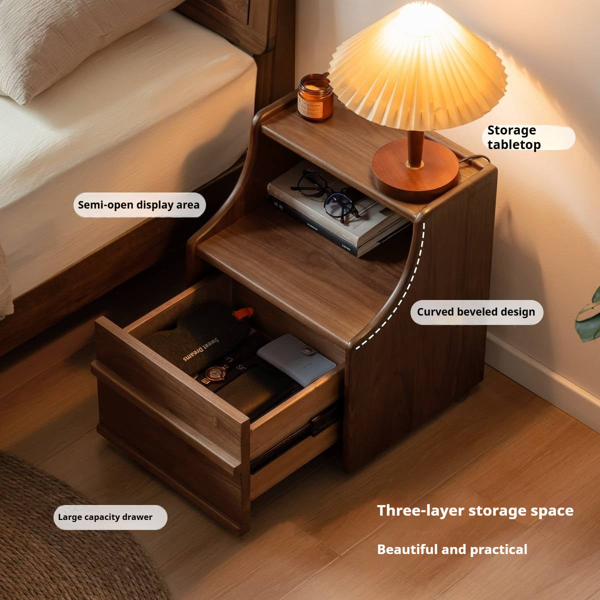 Black Walnut Solid Wood Italian Light Luxury Nightstand