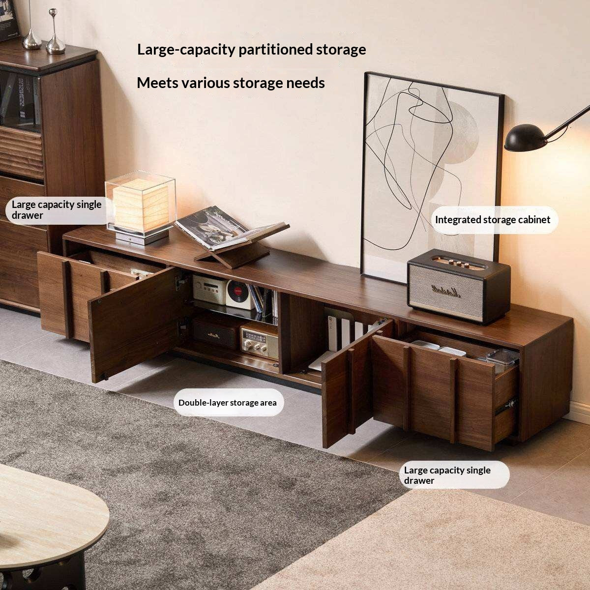 Black Walnut, Oak Solid Wood TV Cabinet with Low Platform Design and Storage