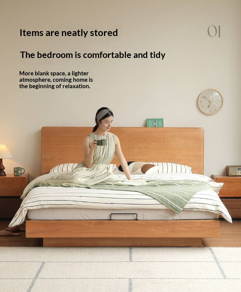 Cherry Solid Wood Modern Minimalist Storage Box Bed with Suspension Design