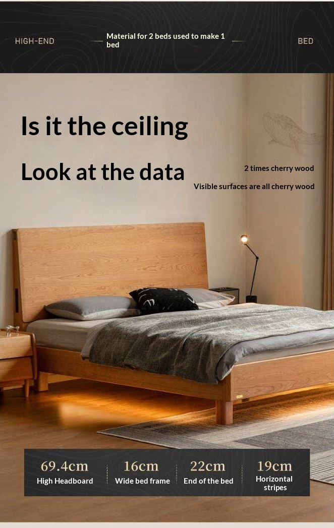 Cherry Solid Wood Bed Modern Minimalist Luminous Bed