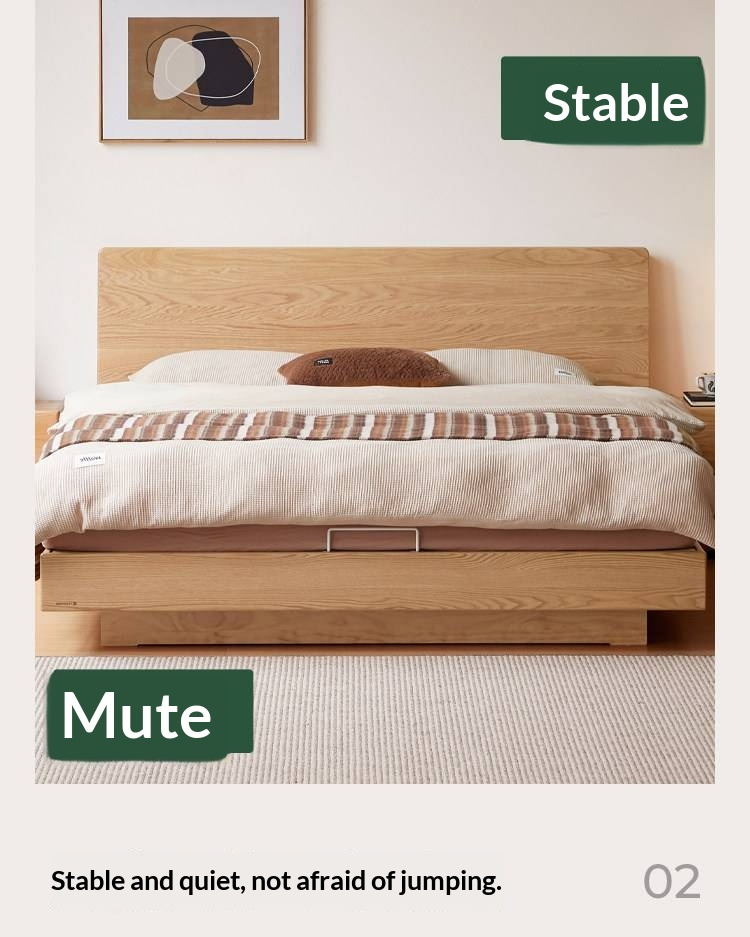 Oak Solid Wood Bed — Modern Minimalist Slab Box Design