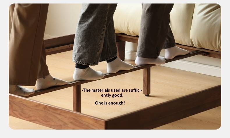 Black Walnut Solid Wood Bed with Top Genuine Leather Upholstery and Nordic High Headboard