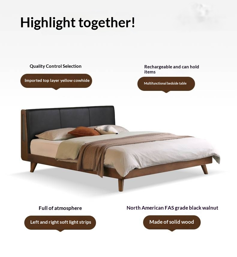 Black Walnut Solid Wood Genuine Leather Upholstered Bed