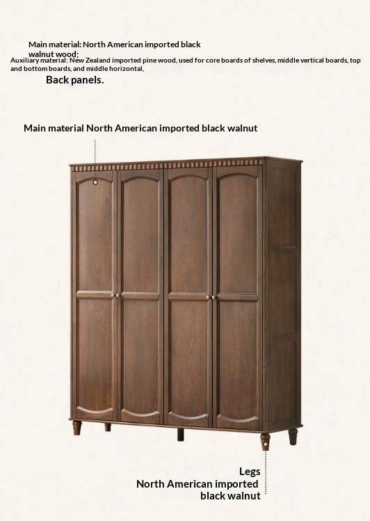 Black Walnut Solid Wood Wardrobe with American Retro Style and Light Luxury Finish
