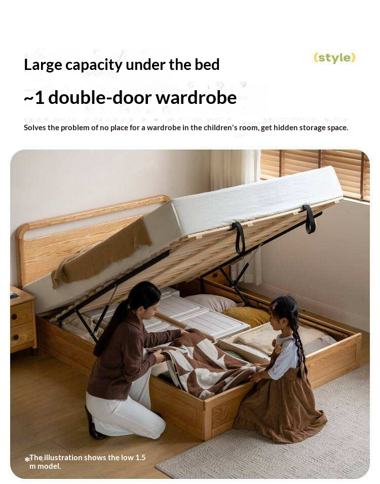 Oak, Rubberwood Solid Wood Storage Bed with Adjustable Height and Gas Lift