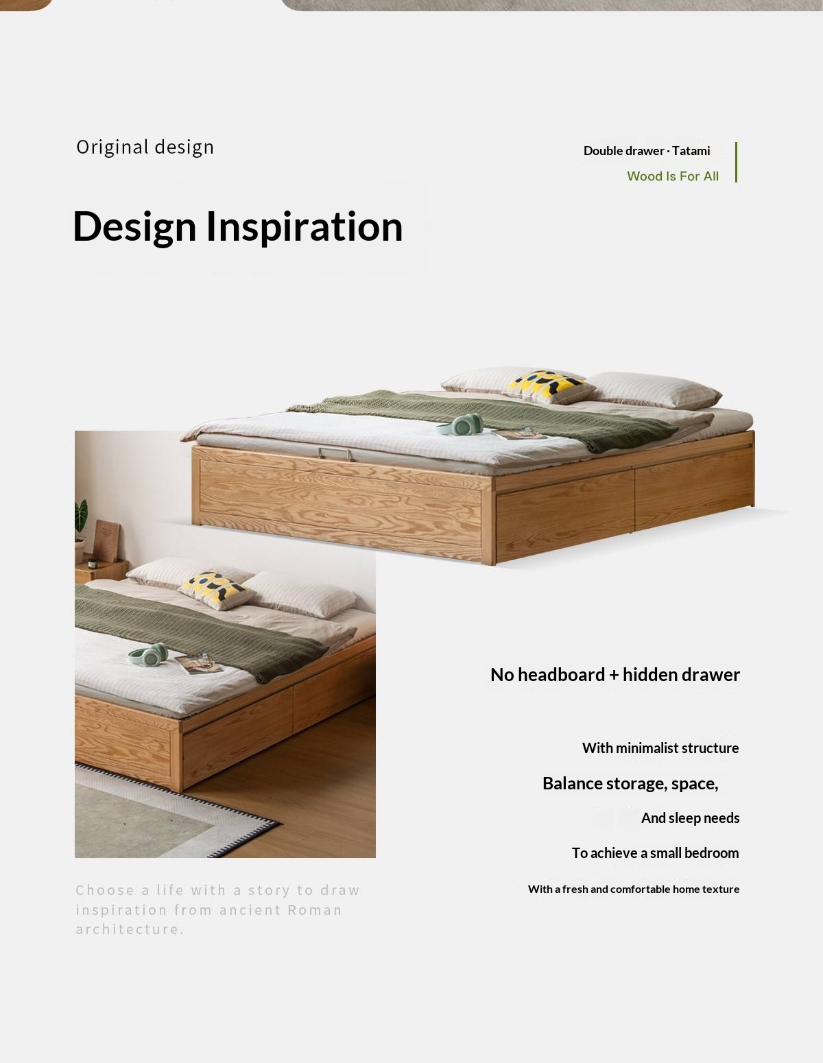 Oak Solid Wood Storage Platform Bed with Drawers, Natural Color