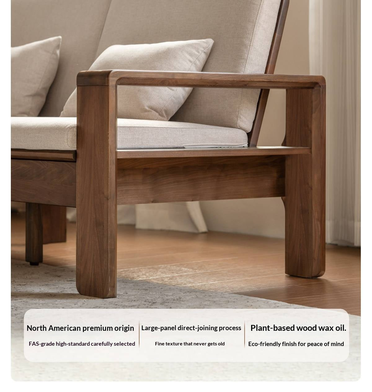 Black Walnut, Sandalwood Solid Wood Fabric Sofa with Raised Legs, Winter/Summer Use