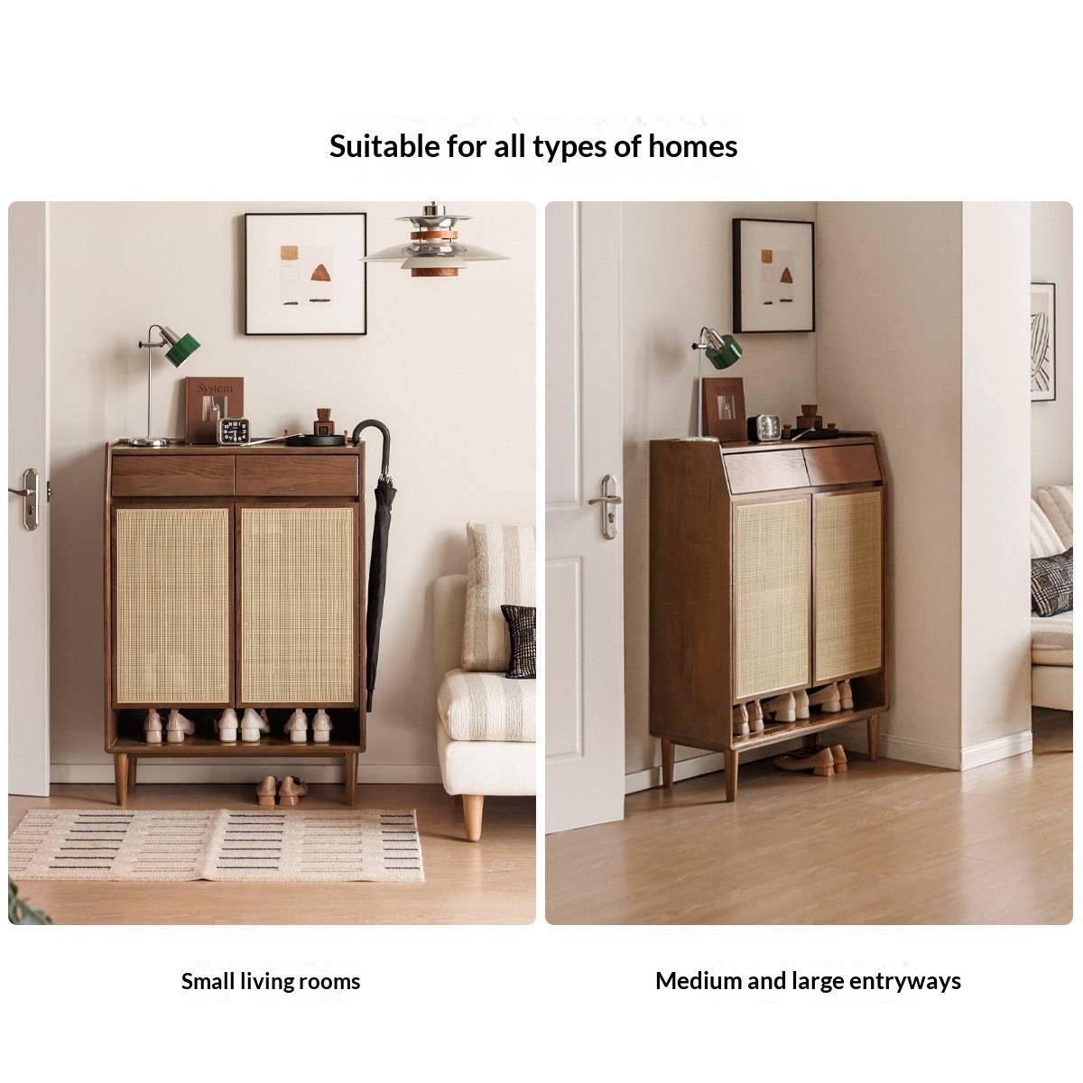 Oak Solid Wood Shoe Cabinet with Rattan Storage