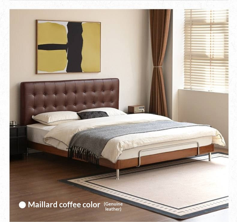 Tulipwood Solid Wood Bed — Bauhaus Style with Soft Genuine Leather Headboard