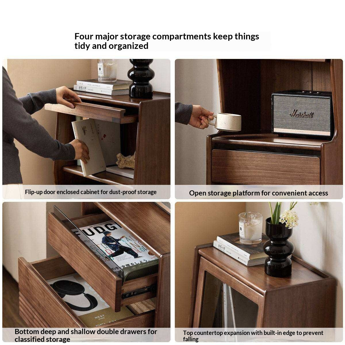 Black Walnut Solid Wood Side Cabinet with Light Luxury Finish, Sideboard