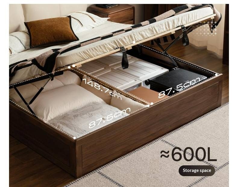 Black Walnut Solid Wood Box Bed — Luxury Genuine Leather Bed with Soft Backrest