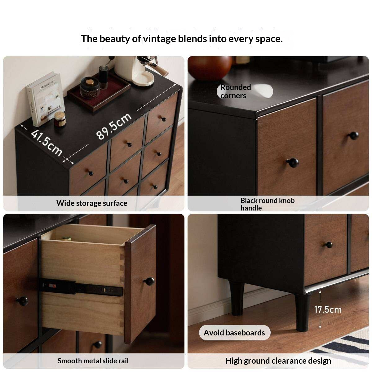 Rubberwood Solid 9-Drawer Dresser, Mid Century Bedroom Storage Cabinet