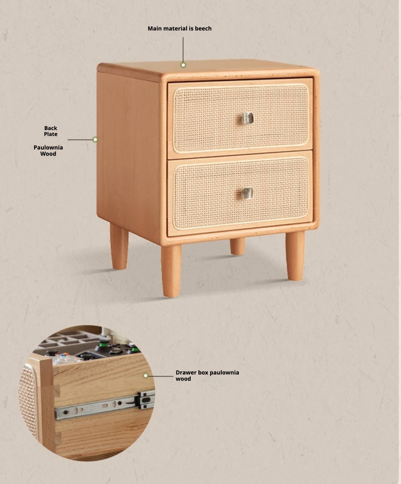 Beech Solid Wood Rattan Log Style Nightstand