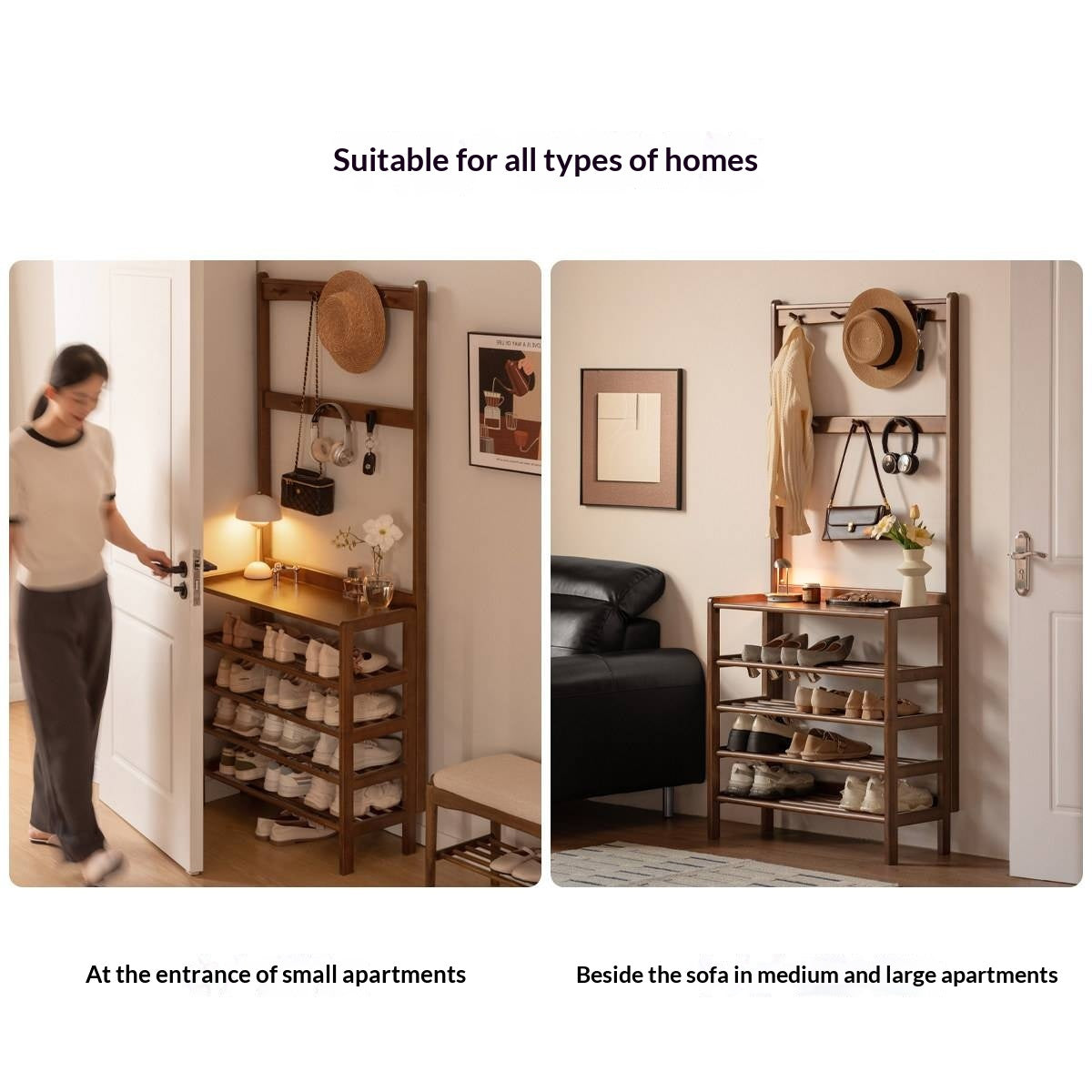 Solid RubberWood Modern Entryway Shoe Rack with Top Shelf and Hooks