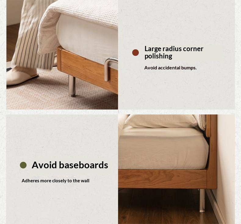 Cherry Solid Wood Bed with Modern Minimalist Design and Genuine Leather Headboard
