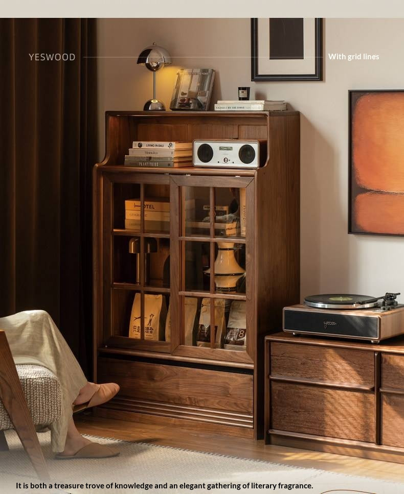 Black Walnut, Oak Solid Wood Bookcase with Storage Cabinet and Built-In Light