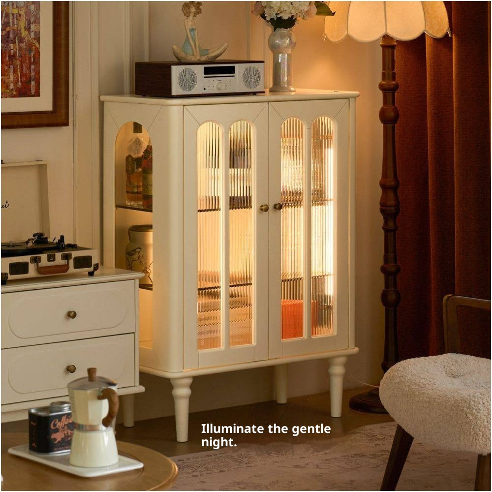 Solid RubberWood French Accent Cabinet with Round Arch Glass Doors and Turned Legs