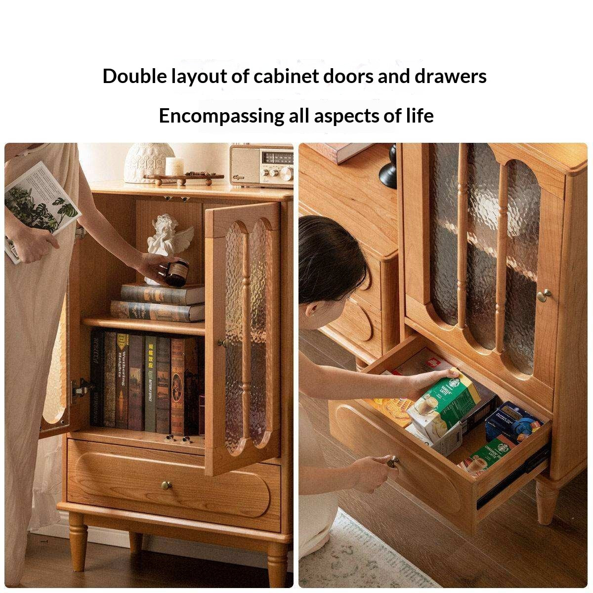 Cherry Solid Wood Side Cabinet with Glass Panels and Storage Shelves