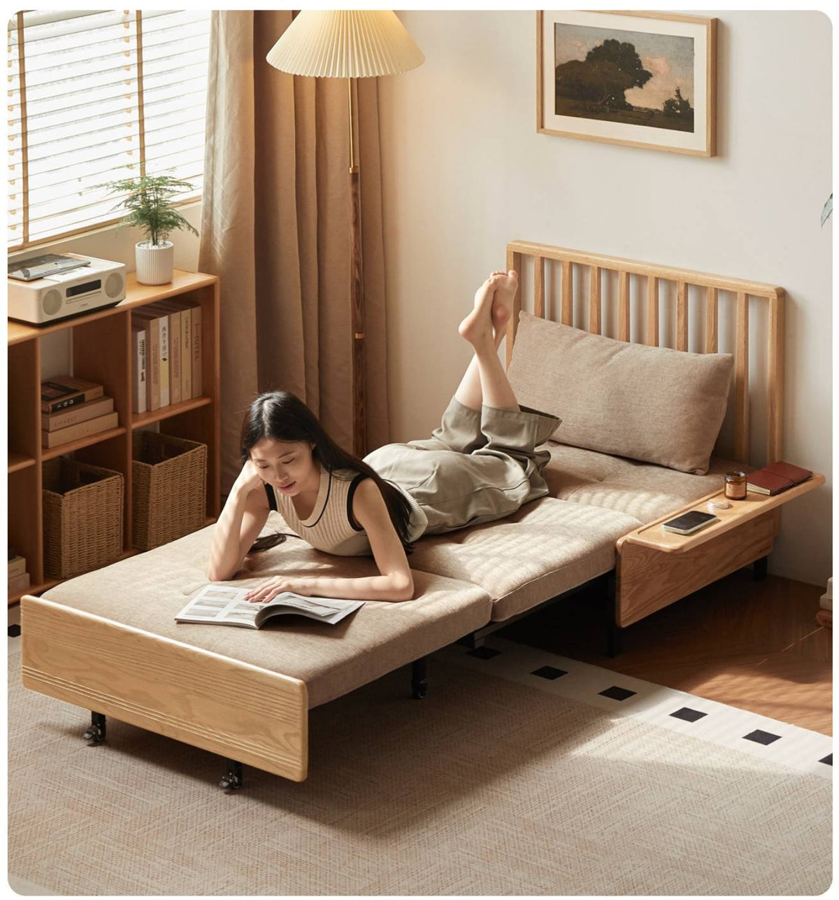Oak Solid Wood Sleeper Sofa Chair Bed with Attached Fold-Out Side Tray