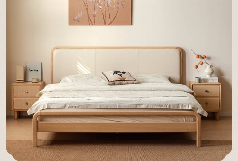 Beech Solid Wood Genuine Leather Soft Headboard Bed